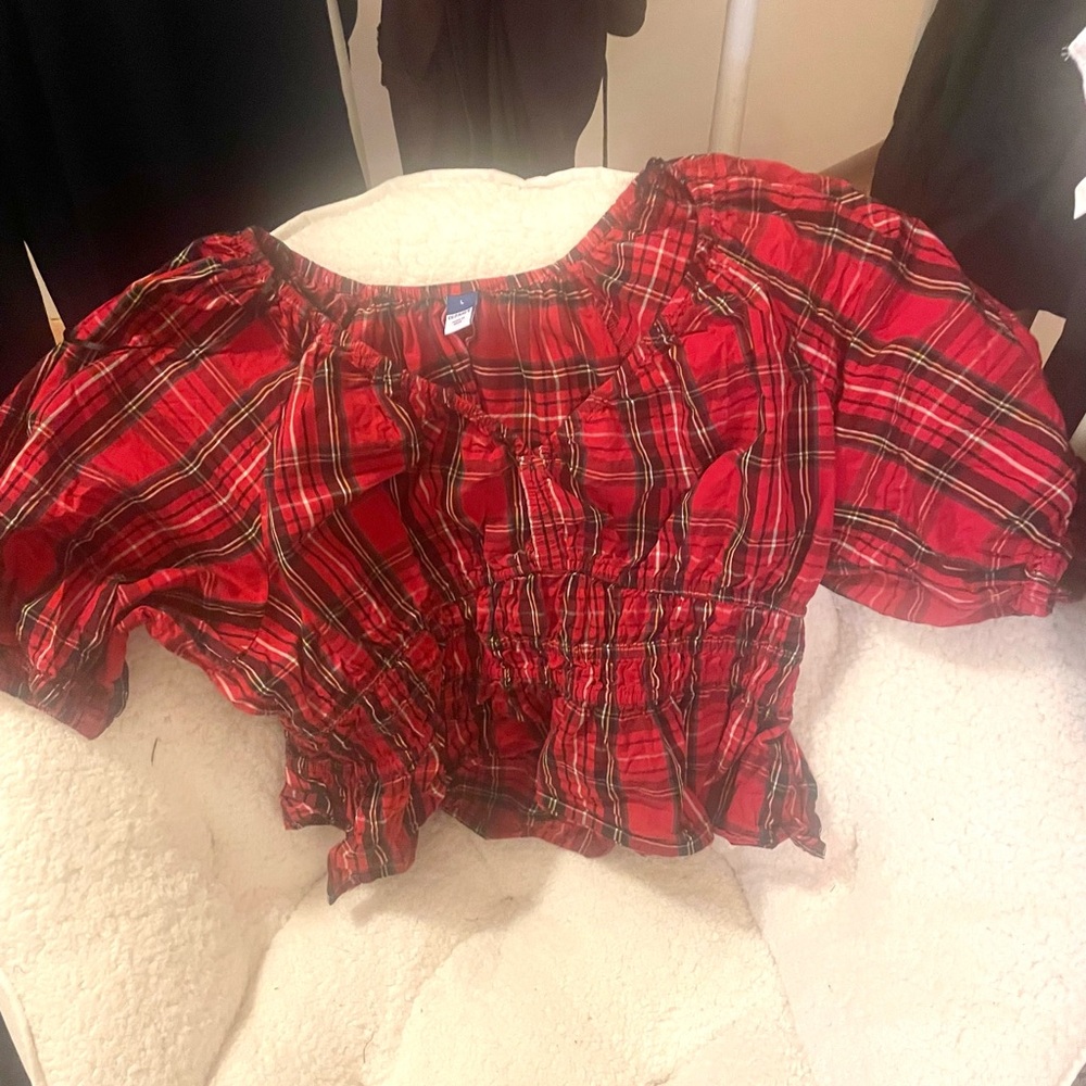 Old Navy Red Plaid Top peplum, generous sleeve